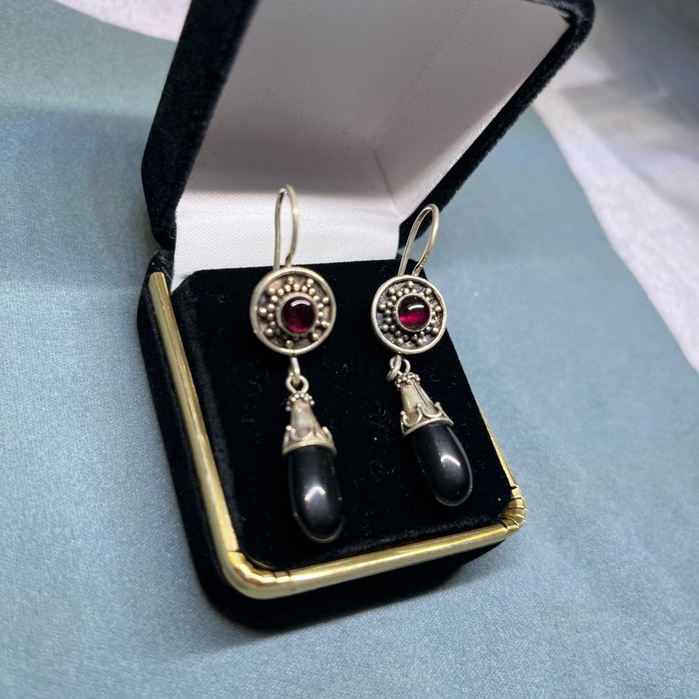 Vintage Sterling Silver Black Onyx Drop Earrings with Garnet Accent